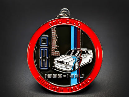Technical product shot of the BMW E30 badge keychain with dimension lines showing a 1.77" (4.5 cm) diameter.