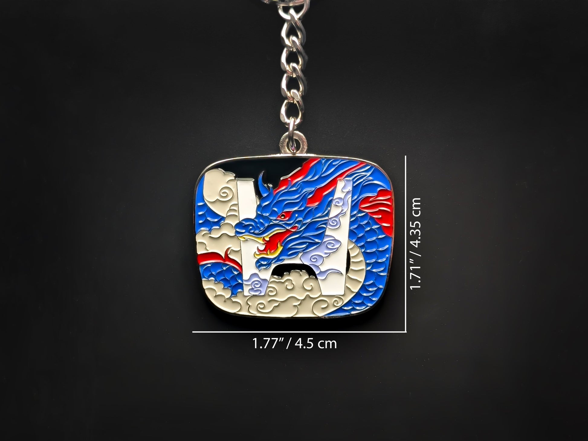 Technical product shot of the Honda JDM badge keychain with dimension lines showing a width of 1.77'' (4.5 cm).