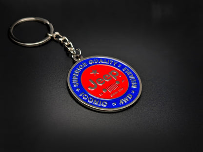 High-quality Jeep off-road keychain on a dark background, showcasing the polished silver-tone metal and durable linked chain.