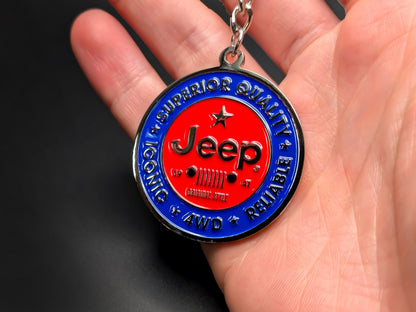 High-quality Jeep off-road keychain on a dark background, showcasing the polished silver-tone metal and durable linked chain.
