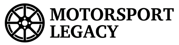 A horizontal black and white logo featuring a graphic of an eight-spoke car wheel on the left, next to the words "MOTORSPORT LEGACY" stacked in a bold, uppercase serif font.