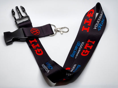 Full layout of a Volkswagen GTI lanyard with a black quick-release plastic buckle and durable metal key attachment on a white background.